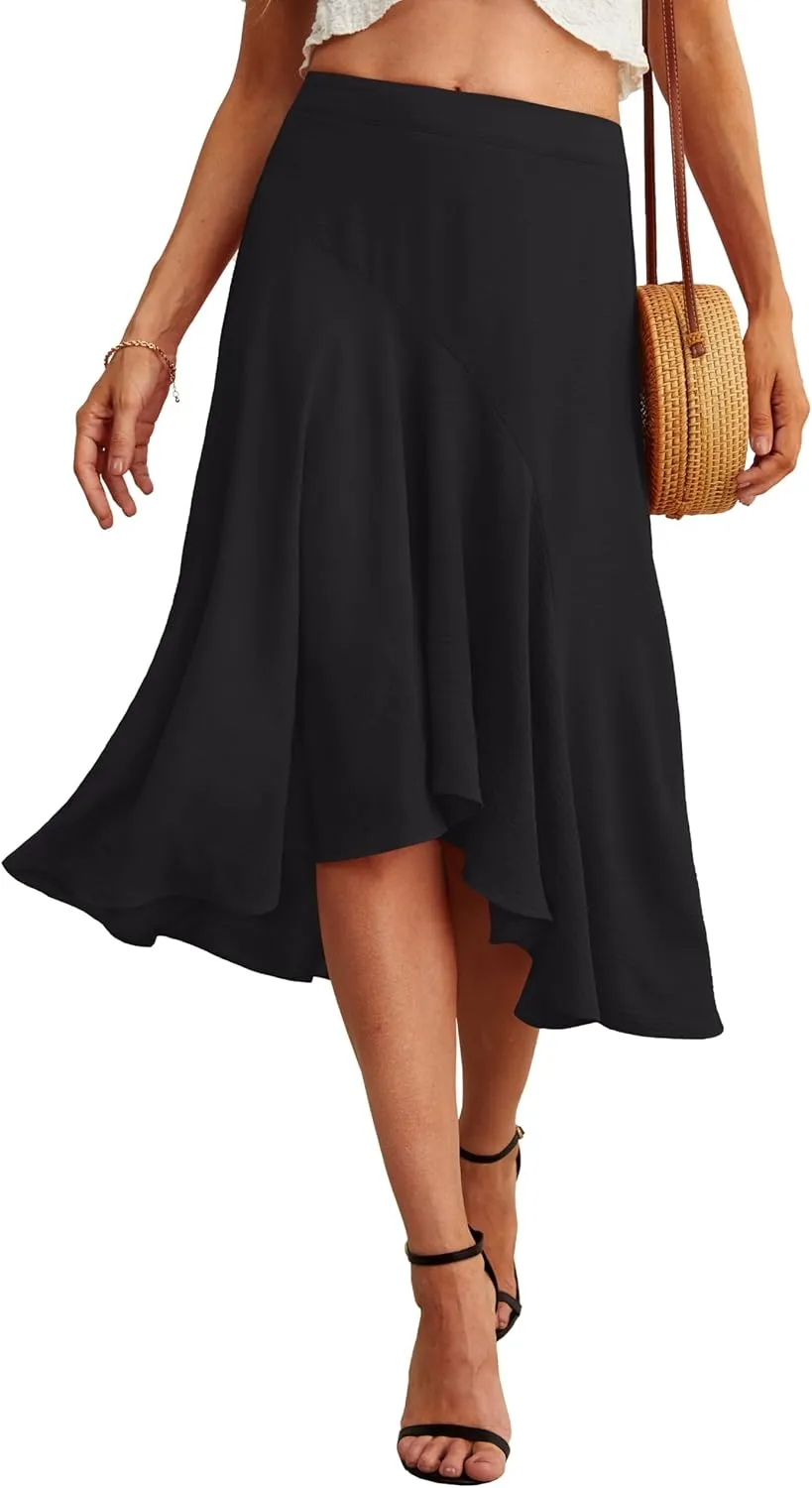 JINKESI Women's Midi Skirt Elegant Flowy Ruffle High Waist Summer Casual High Low Midi Skirts
