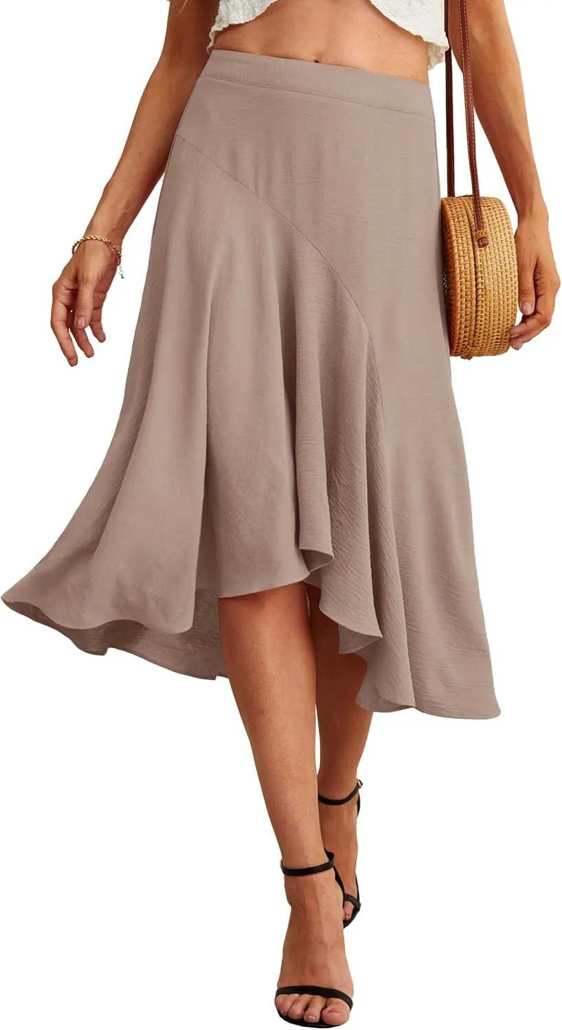 JINKESI Women's Midi Skirt Elegant Flowy Ruffle High Waist Summer Casual High Low Midi Skirts