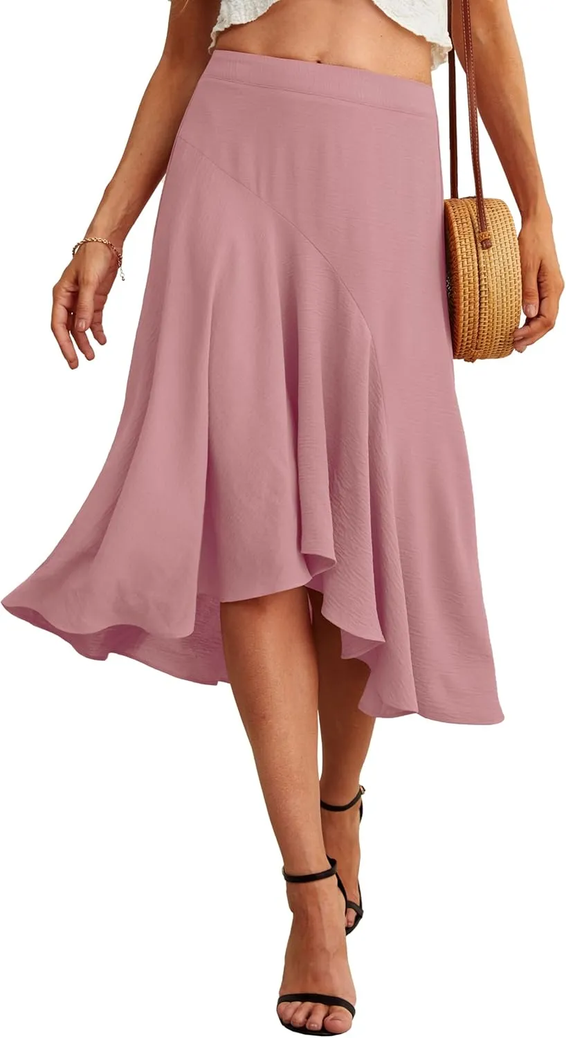 JINKESI Women's Midi Skirt Elegant Flowy Ruffle High Waist Summer Casual High Low Midi Skirts