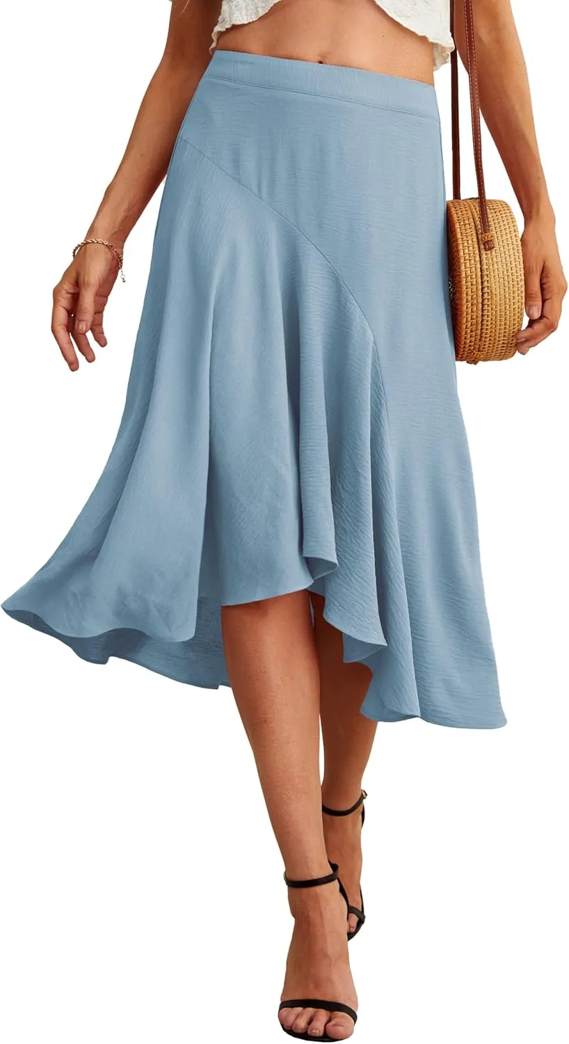 JINKESI Women's Midi Skirt Elegant Flowy Ruffle High Waist Summer Casual High Low Midi Skirts