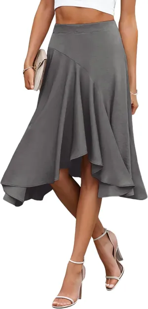 JINKESI Women's Midi Skirt Elegant Flowy Ruffle High Waist Summer Casual High Low Midi Skirts