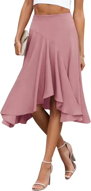 JINKESI Women's Midi Skirt Elegant Flowy Ruffle High Waist Summer Casual High Low Midi Skirts