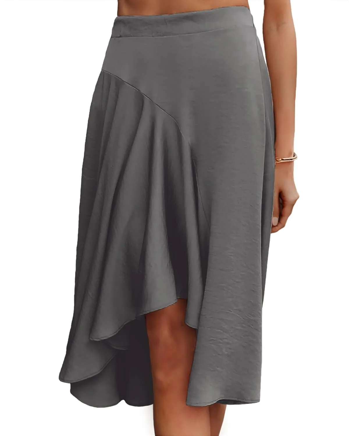 JINKESI Women's Midi Skirt Elegant Flowy Ruffle High Waist Summer Casual High Low Midi Skirts