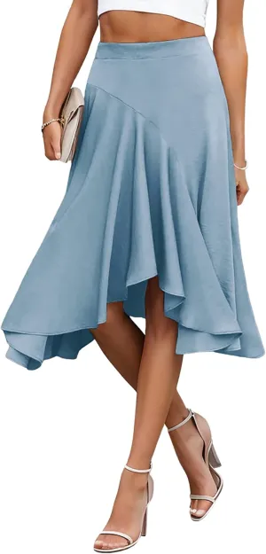 JINKESI Women's Midi Skirt Elegant Flowy Ruffle High Waist Summer Casual High Low Midi Skirts