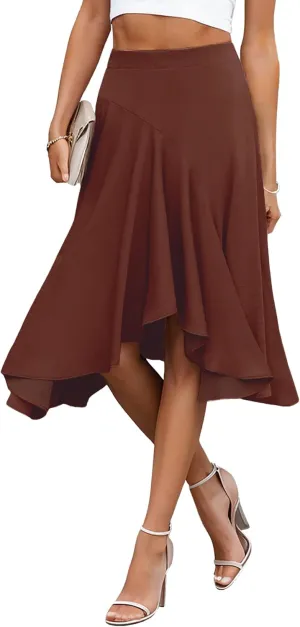 JINKESI Women's Midi Skirt Elegant Flowy Ruffle High Waist Summer Casual High Low Midi Skirts