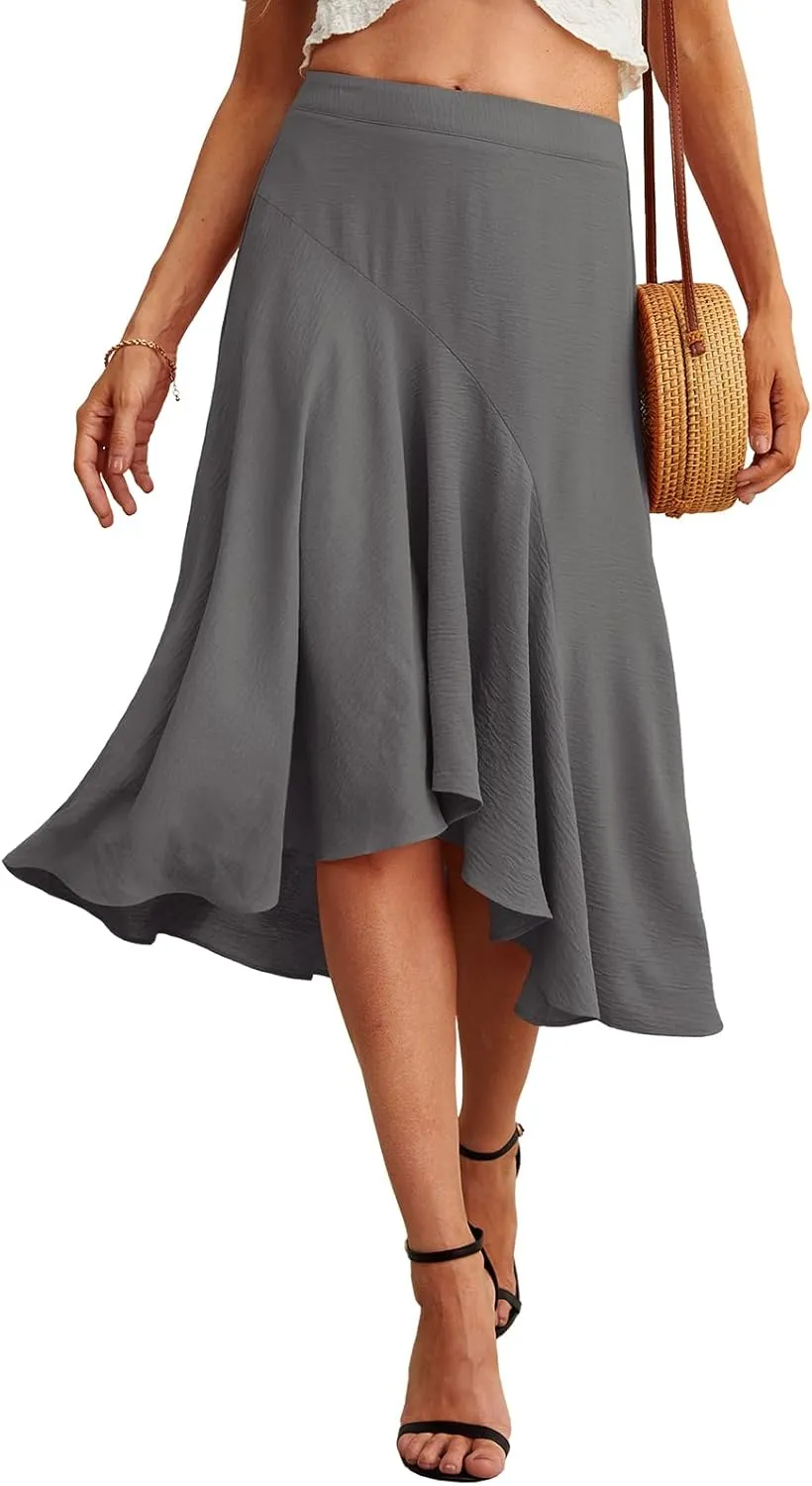 JINKESI Women's Midi Skirt Elegant Flowy Ruffle High Waist Summer Casual High Low Midi Skirts