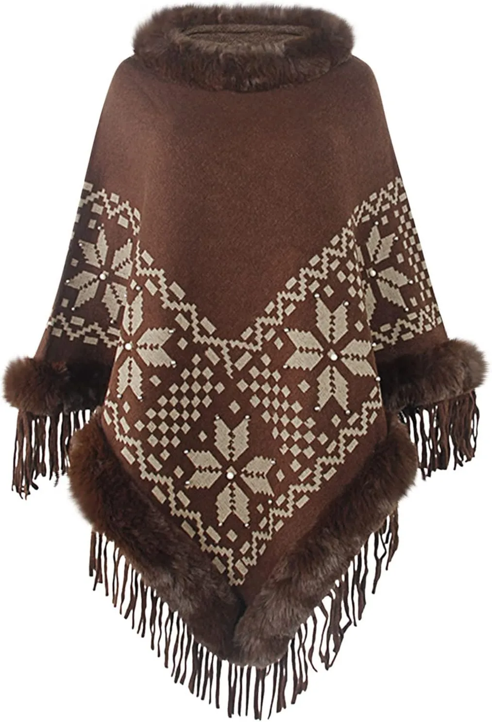 JOAU Vintage Graphic Cape Coat for Women Fashion Fringe Hem Wrap Cloak Winter Thermal Shawl Faux Fur Trim Tassels Poncho