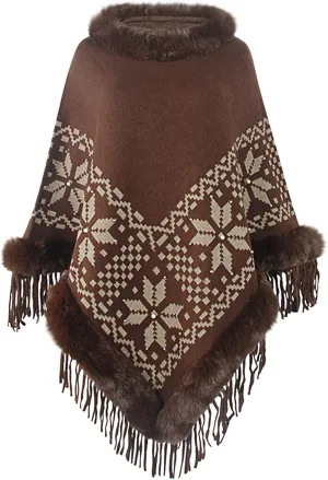 JOAU Vintage Graphic Cape Coat for Women Fashion Fringe Hem Wrap Cloak Winter Thermal Shawl Faux Fur Trim Tassels Poncho