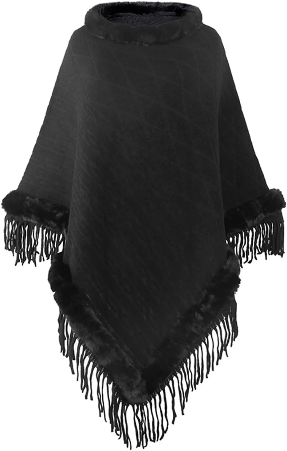 JOAU Women Cape Faux Fur Trim Tassels Shawl Wrap Poncho Winter French Cashmere Warm Cardigan Pullover Cloak Coat for Party