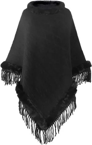 JOAU Women Cape Faux Fur Trim Tassels Shawl Wrap Poncho Winter French Cashmere Warm Cardigan Pullover Cloak Coat for Party