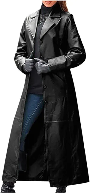 jsaierl Women's Black Leather Trench Coat, 60'S Overcoat, Ankle Length Long Coat, Single Breasted Lapel Jackets Coat Outwear