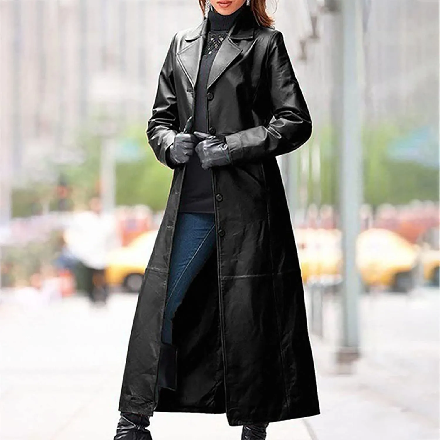 jsaierl Women's Black Leather Trench Coat, 60'S Overcoat, Ankle Length Long Coat, Single Breasted Lapel Jackets Coat Outwear