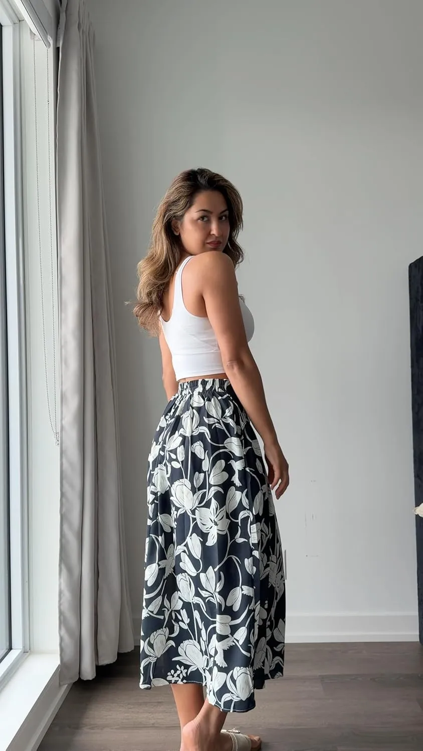 Kate Kasin Womens Summer Boho Maxi Skirt Floral Elastic High Waisted A Line Tie Flowy Long Skirts with Pockets 2025