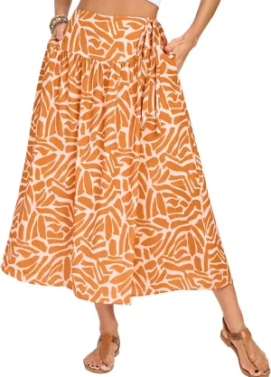 Kate Kasin Womens Summer Boho Maxi Skirt Floral Elastic High Waisted A Line Tie Flowy Long Skirts with Pockets 2025