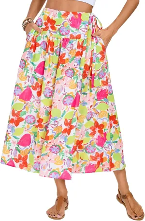 Kate Kasin Womens Summer Boho Maxi Skirt Floral Elastic High Waisted A Line Tie Flowy Long Skirts with Pockets 2025