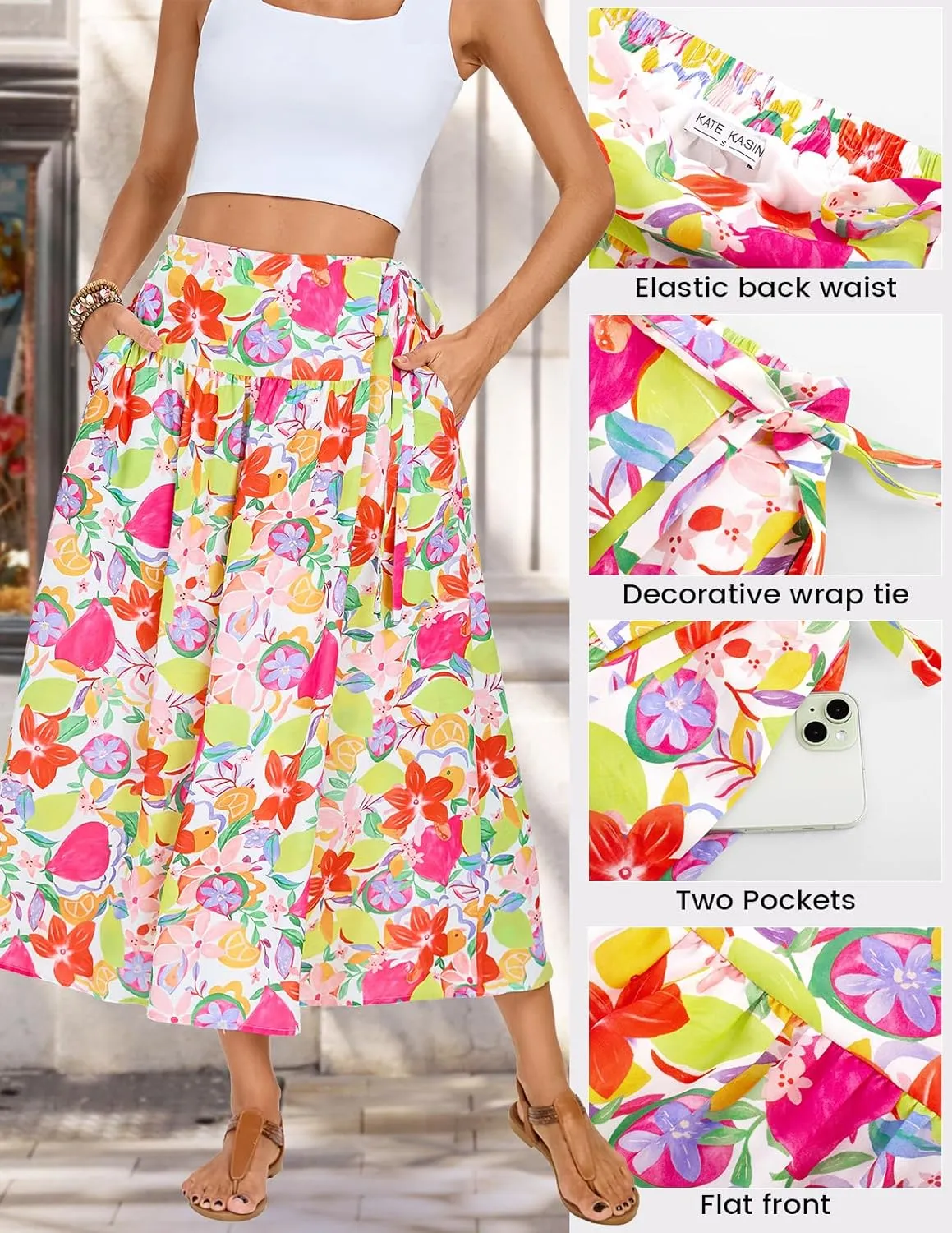Kate Kasin Womens Summer Boho Maxi Skirt Floral Elastic High Waisted A Line Tie Flowy Long Skirts with Pockets 2025