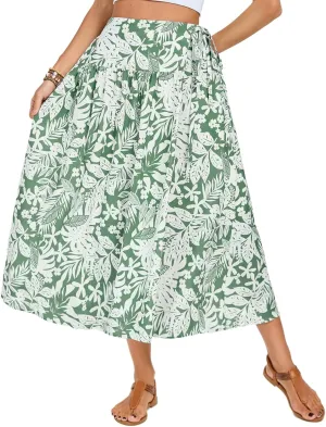 Kate Kasin Womens Summer Boho Maxi Skirt Floral Elastic High Waisted A Line Tie Flowy Long Skirts with Pockets 2025