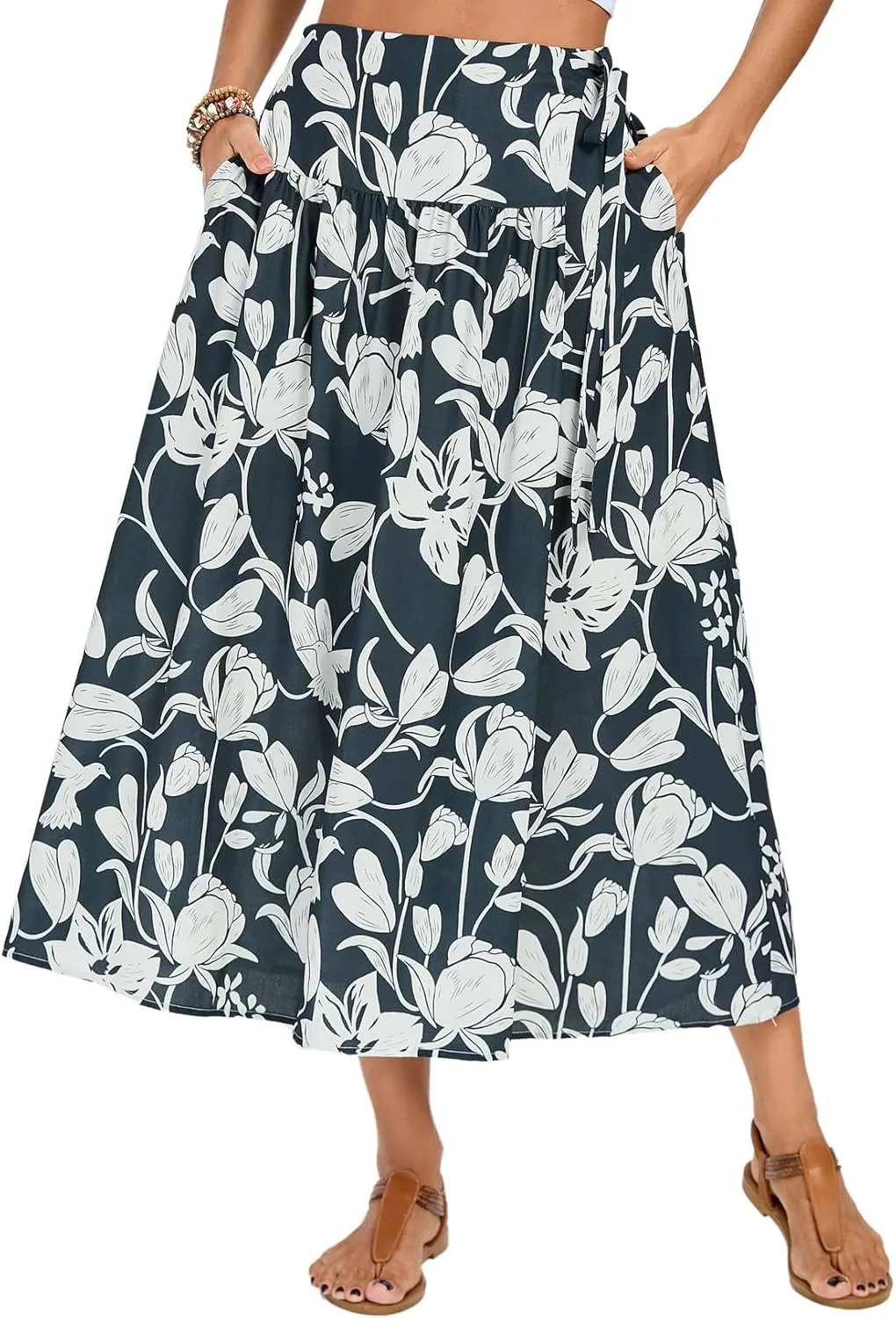 Kate Kasin Womens Summer Boho Maxi Skirt Floral Elastic High Waisted A Line Tie Flowy Long Skirts with Pockets 2025