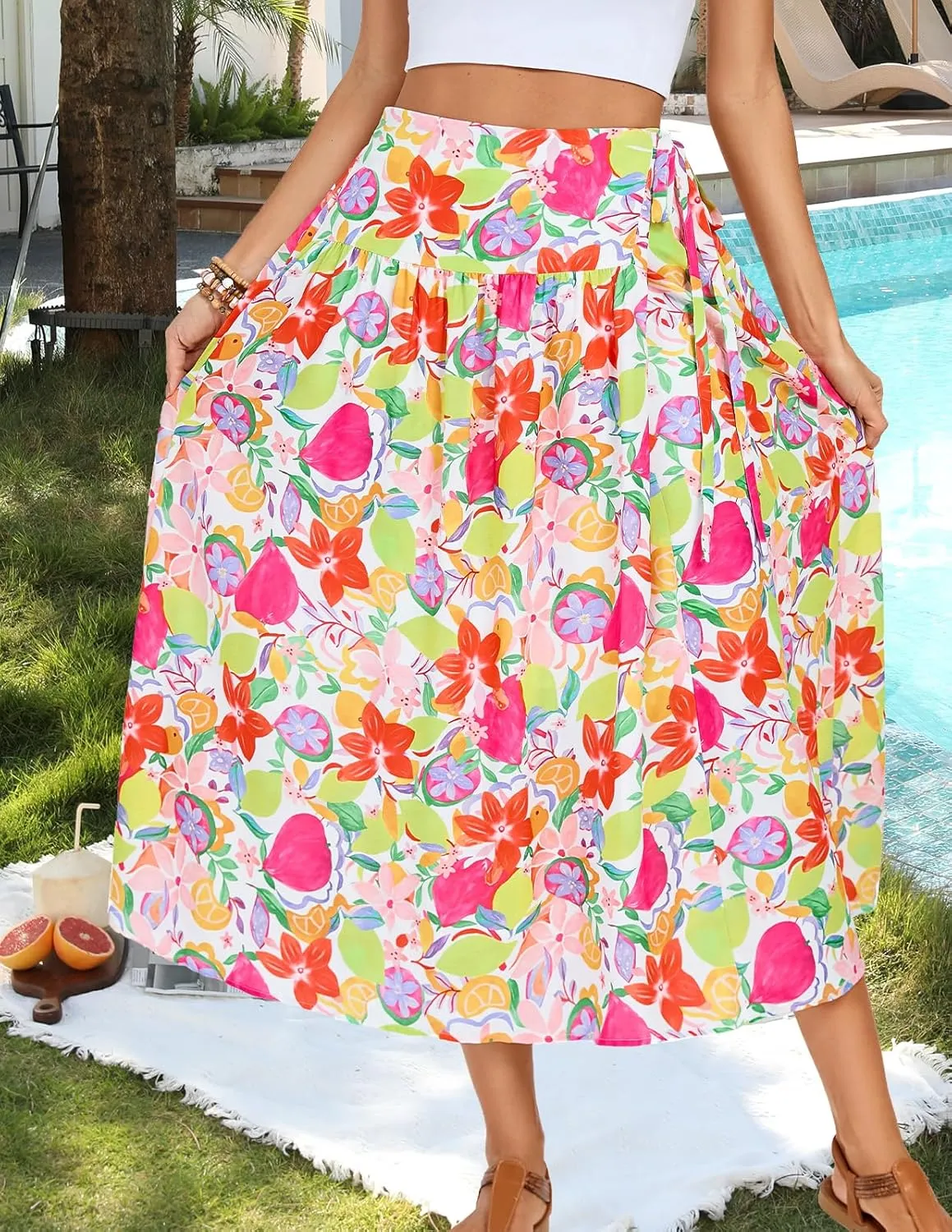 Kate Kasin Womens Summer Boho Maxi Skirt Floral Elastic High Waisted A Line Tie Flowy Long Skirts with Pockets 2025