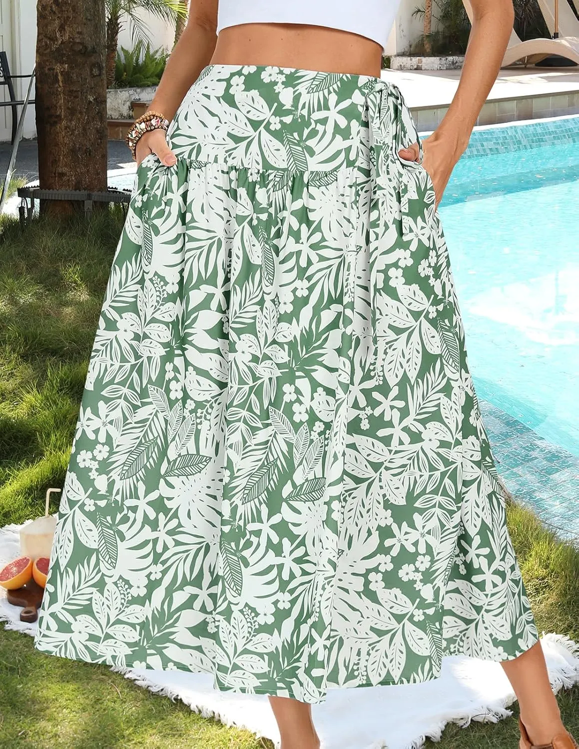 Kate Kasin Womens Summer Boho Maxi Skirt Floral Elastic High Waisted A Line Tie Flowy Long Skirts with Pockets 2025
