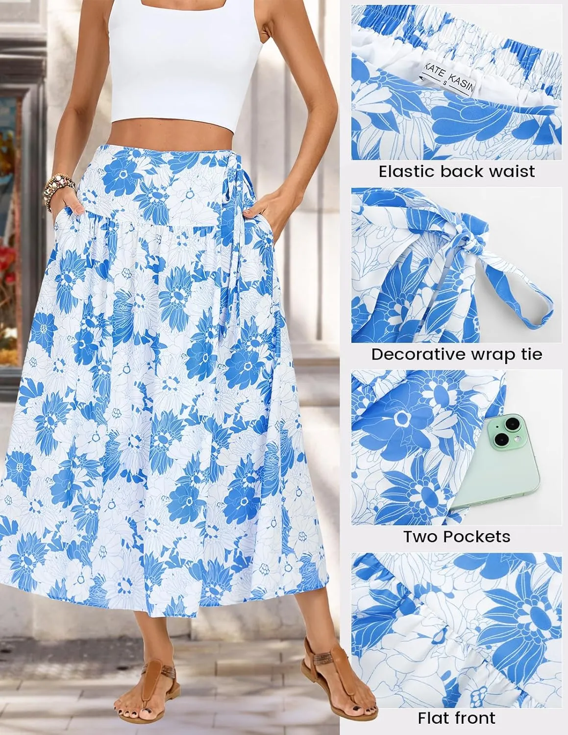 Kate Kasin Womens Summer Boho Maxi Skirt Floral Elastic High Waisted A Line Tie Flowy Long Skirts with Pockets 2025