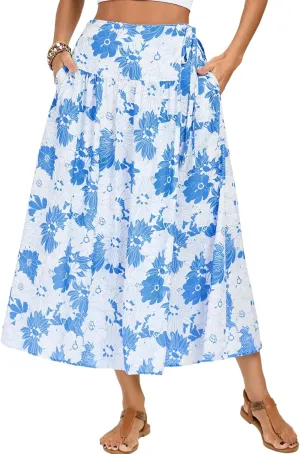Kate Kasin Womens Summer Boho Maxi Skirt Floral Elastic High Waisted A Line Tie Flowy Long Skirts with Pockets 2025