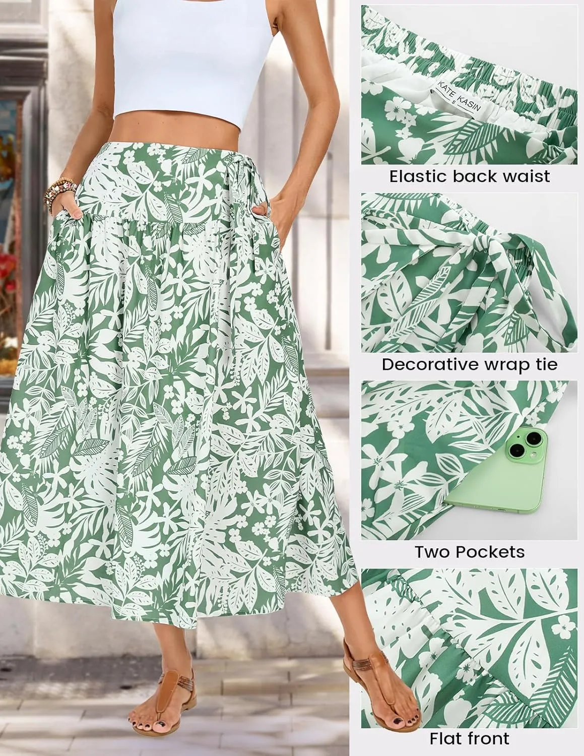 Kate Kasin Womens Summer Boho Maxi Skirt Floral Elastic High Waisted A Line Tie Flowy Long Skirts with Pockets 2025