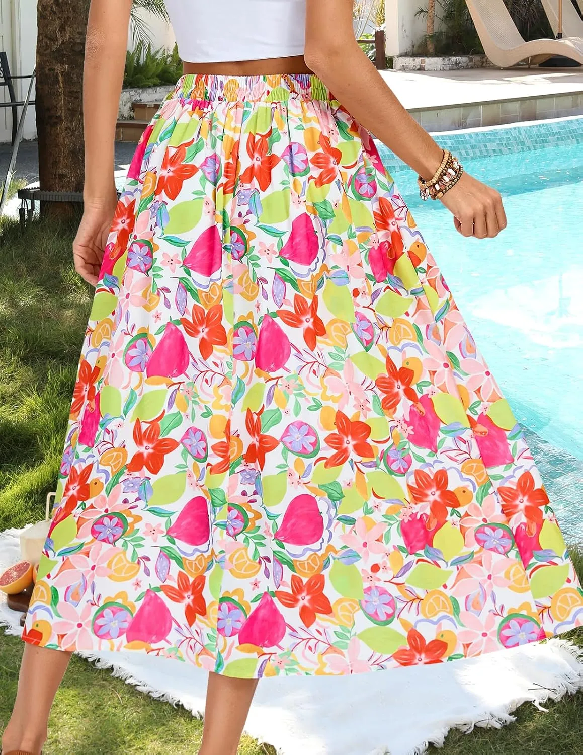 Kate Kasin Womens Summer Boho Maxi Skirt Floral Elastic High Waisted A Line Tie Flowy Long Skirts with Pockets 2025