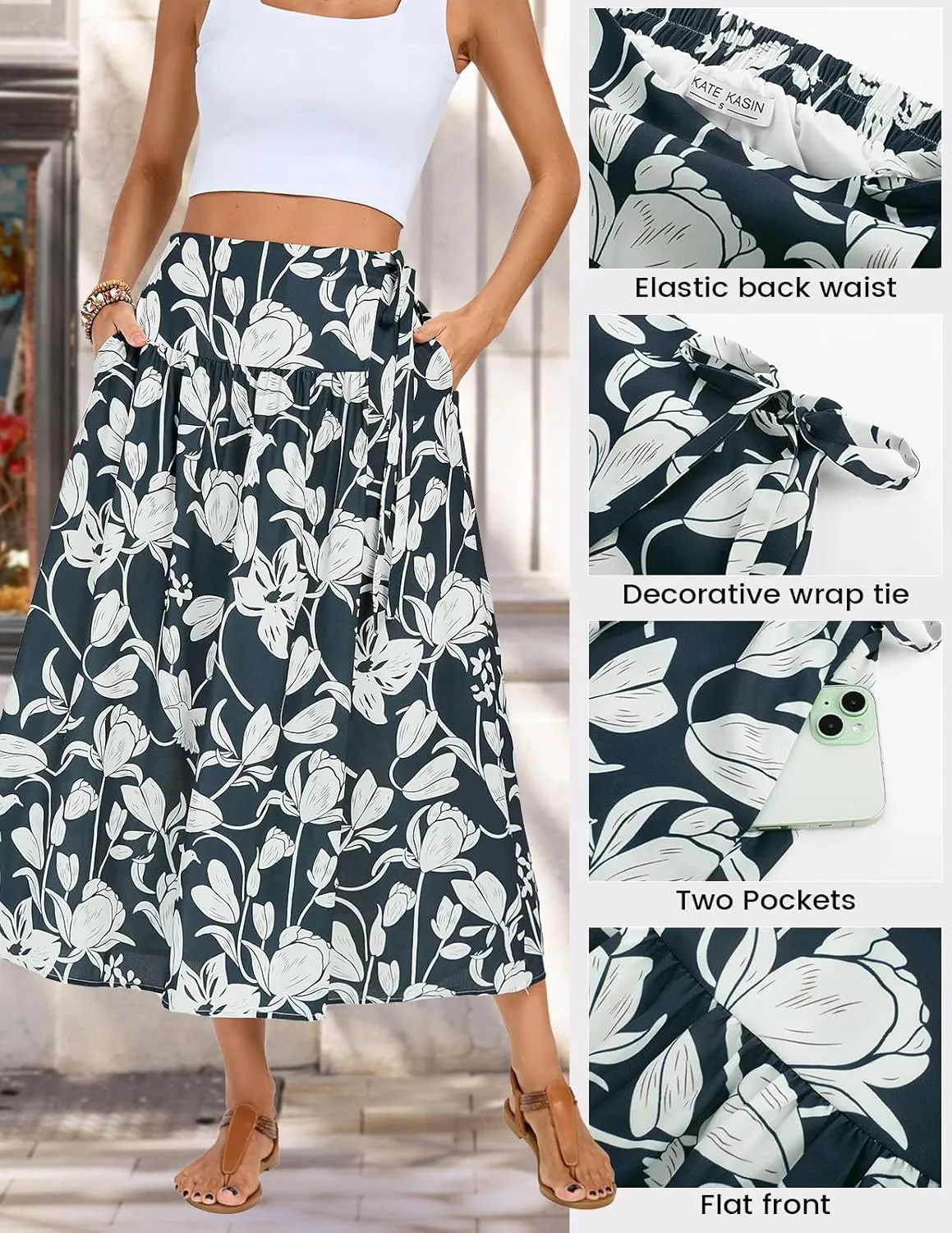 Kate Kasin Womens Summer Boho Maxi Skirt Floral Elastic High Waisted A Line Tie Flowy Long Skirts with Pockets 2025