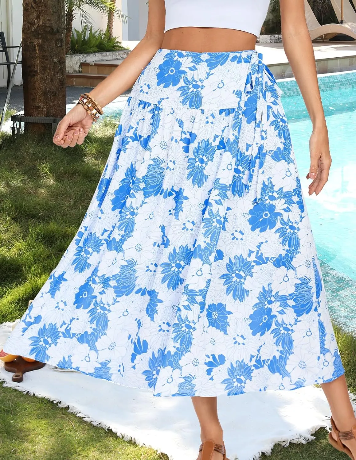 Kate Kasin Womens Summer Boho Maxi Skirt Floral Elastic High Waisted A Line Tie Flowy Long Skirts with Pockets 2025