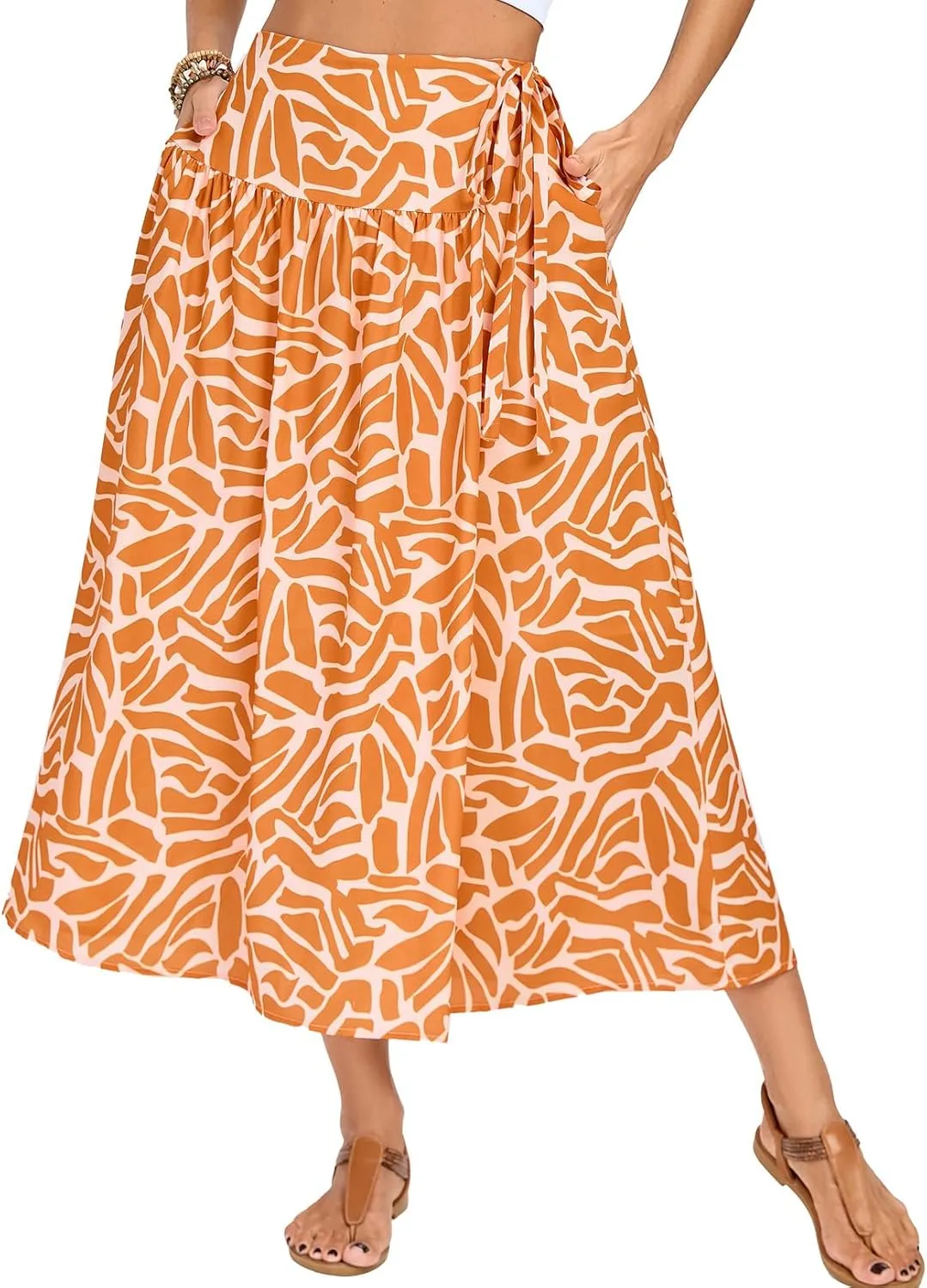 Kate Kasin Womens Summer Boho Maxi Skirt Floral Elastic High Waisted A Line Tie Flowy Long Skirts with Pockets 2025