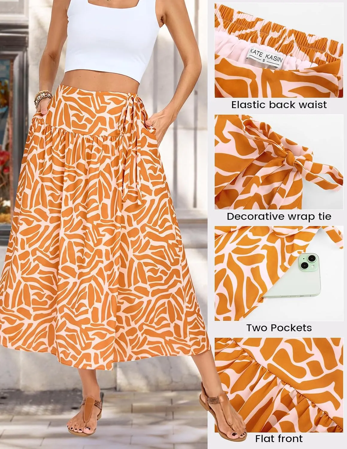 Kate Kasin Womens Summer Boho Maxi Skirt Floral Elastic High Waisted A Line Tie Flowy Long Skirts with Pockets 2025