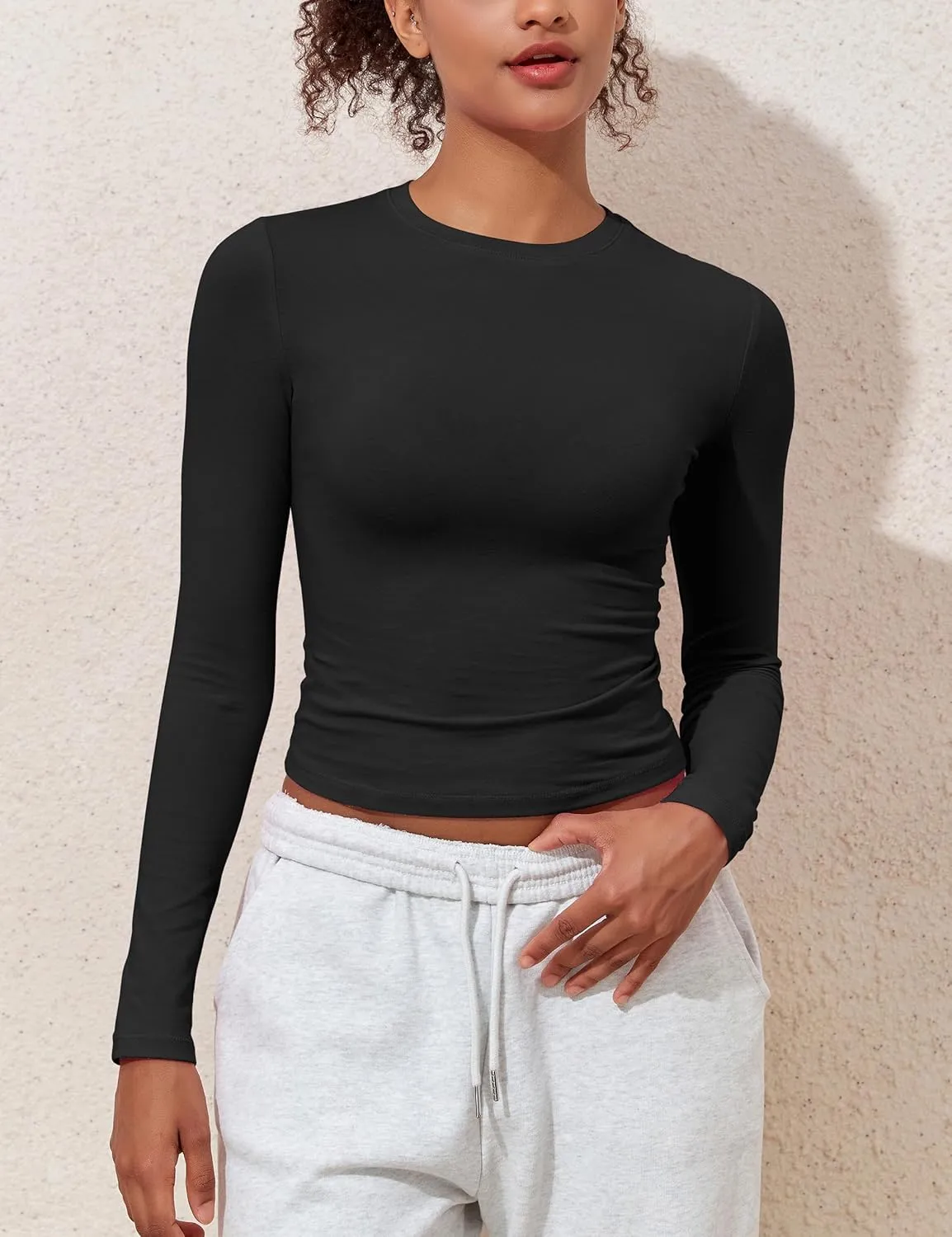 kayamiya Women's Basic Long Sleeve Cotton Shirts Tight Fit Fall Crewneck Trendy Y2K Crop Tops