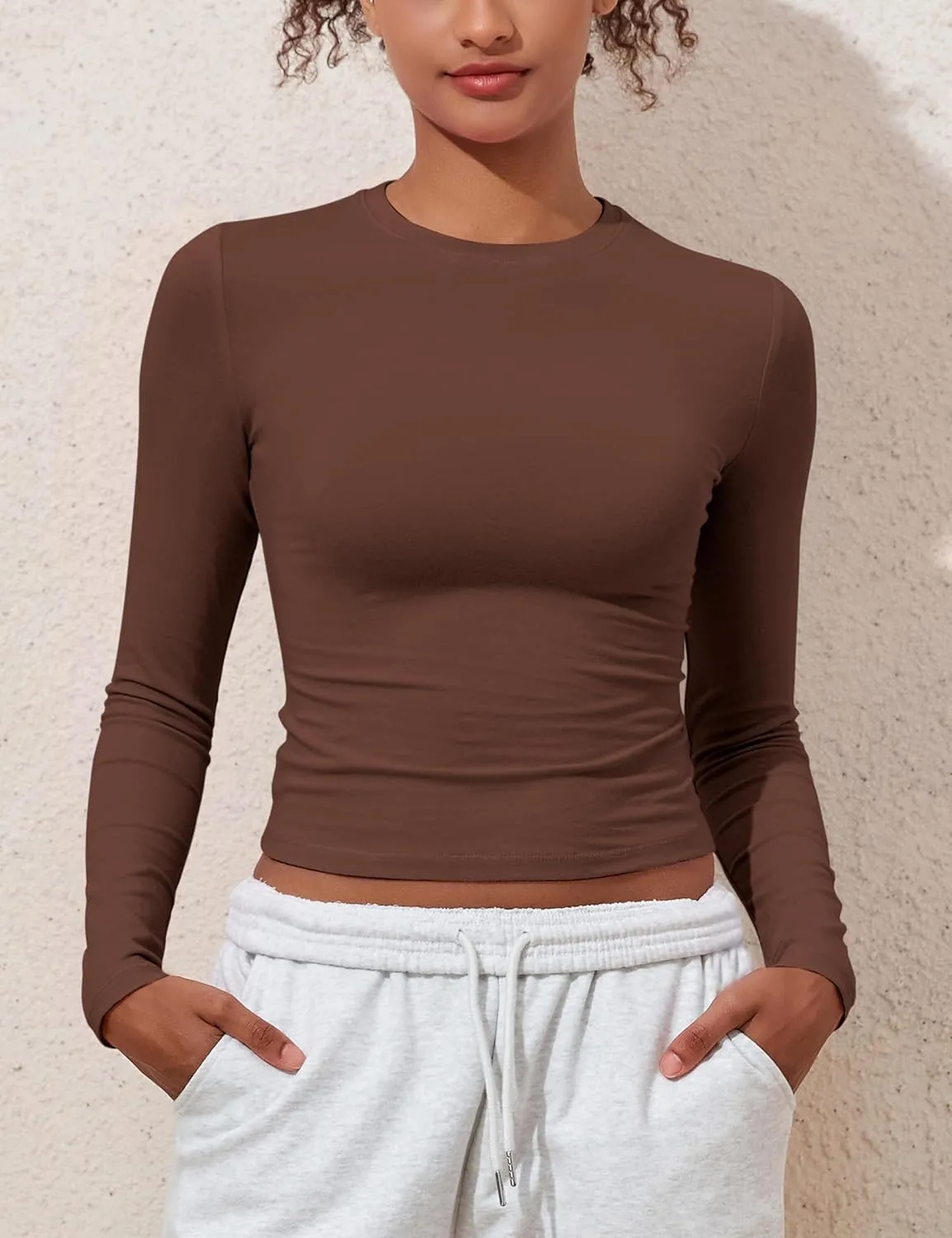 kayamiya Women's Basic Long Sleeve Cotton Shirts Tight Fit Fall Crewneck Trendy Y2K Crop Tops