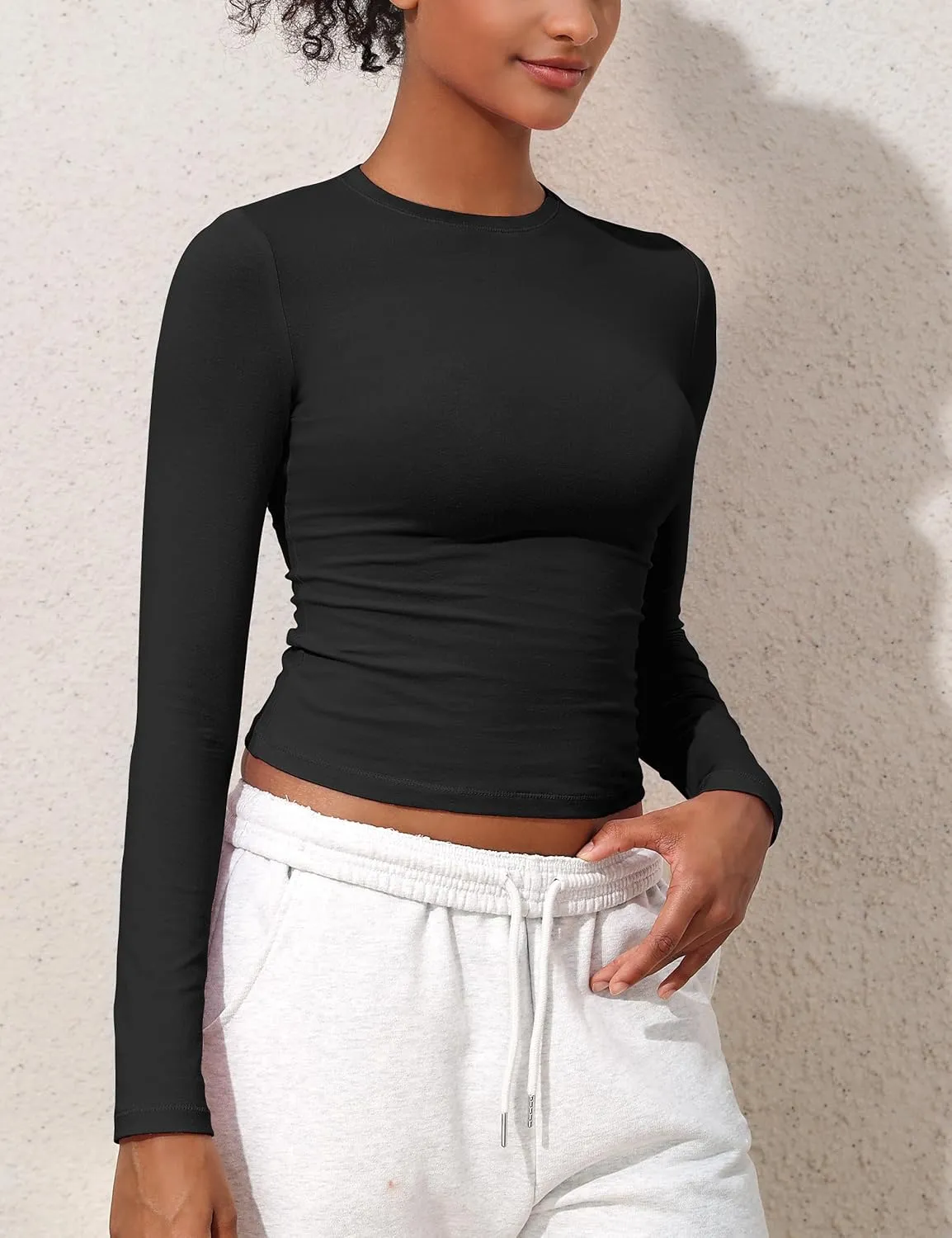 kayamiya Women's Basic Long Sleeve Cotton Shirts Tight Fit Fall Crewneck Trendy Y2K Crop Tops