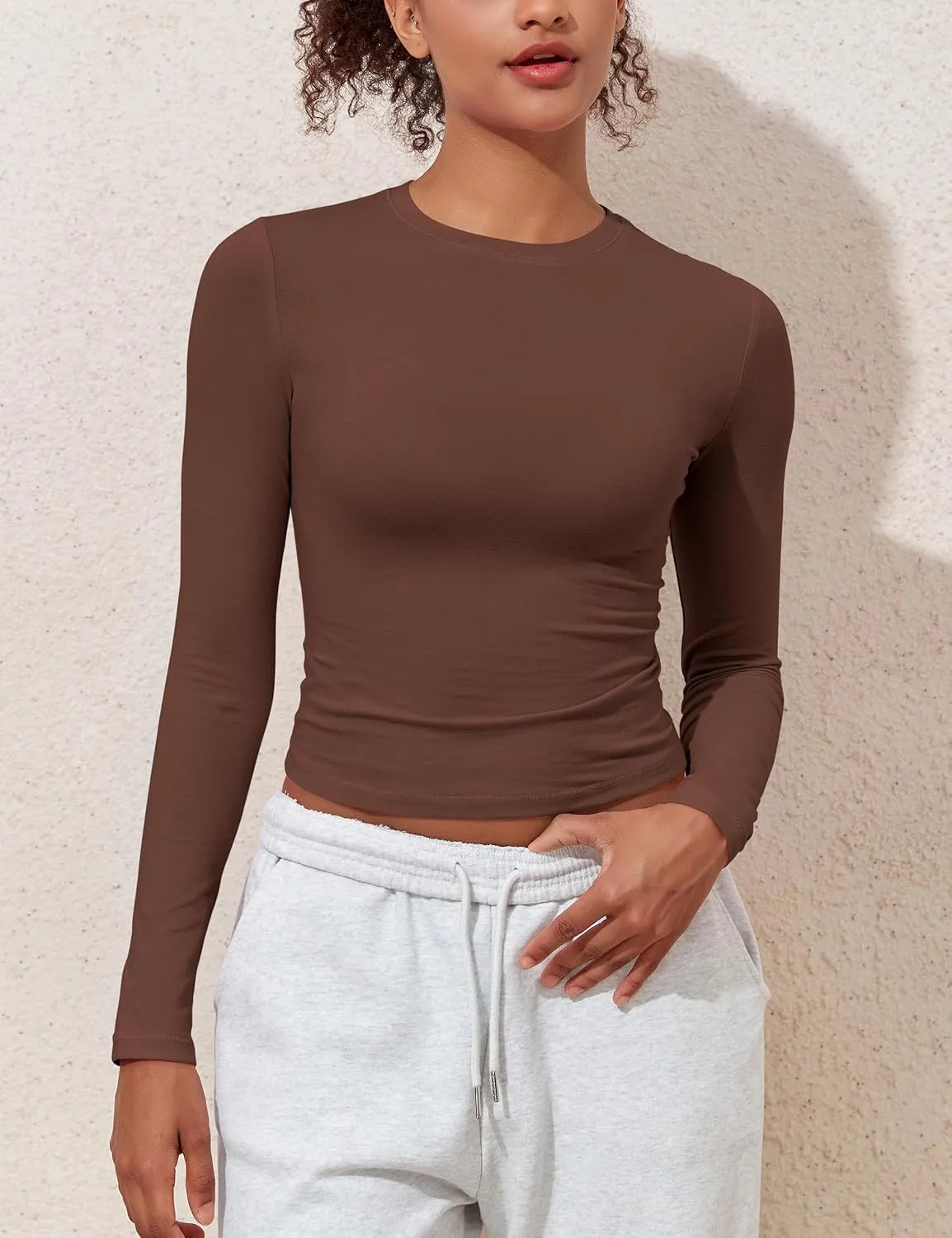 kayamiya Women's Basic Long Sleeve Cotton Shirts Tight Fit Fall Crewneck Trendy Y2K Crop Tops