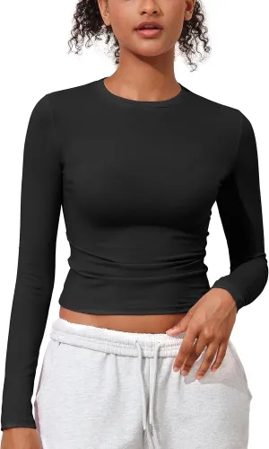 kayamiya Women's Basic Long Sleeve Cotton Shirts Tight Fit Fall Crewneck Trendy Y2K Crop Tops