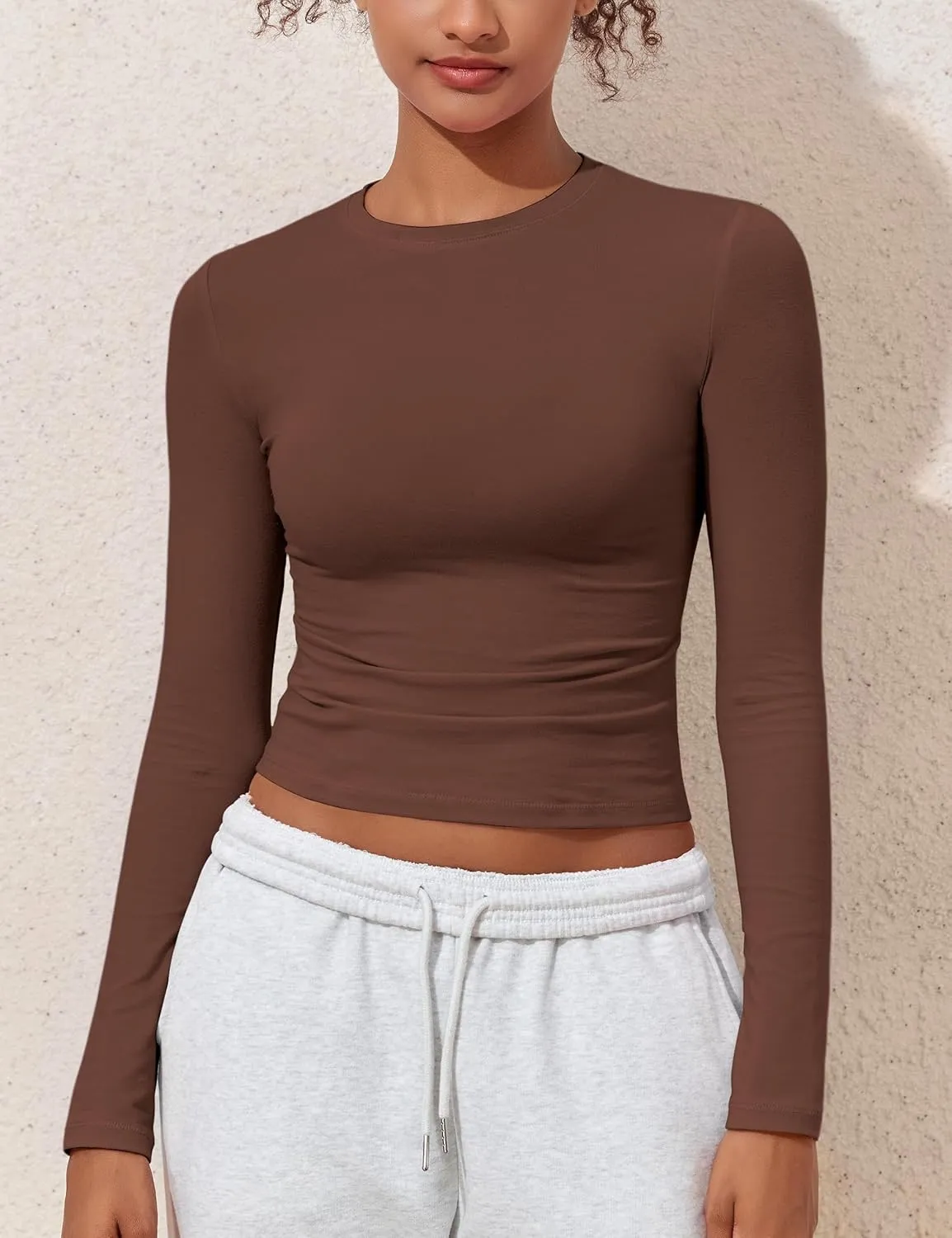 kayamiya Women's Basic Long Sleeve Cotton Shirts Tight Fit Fall Crewneck Trendy Y2K Crop Tops