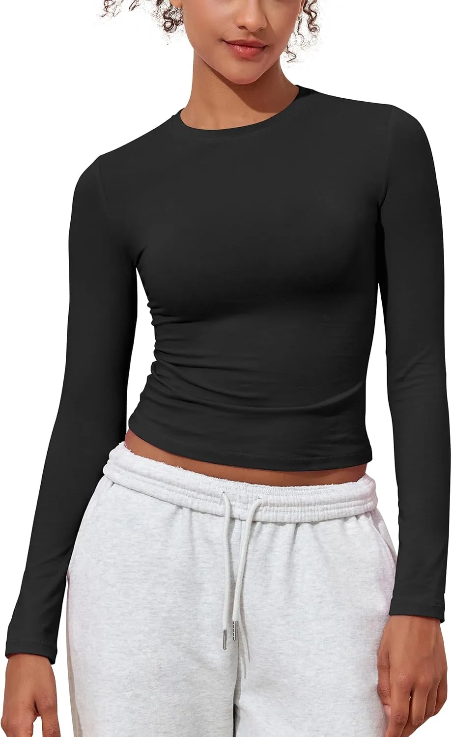 kayamiya Women's Basic Long Sleeve Cotton Shirts Tight Fit Fall Crewneck Trendy Y2K Crop Tops