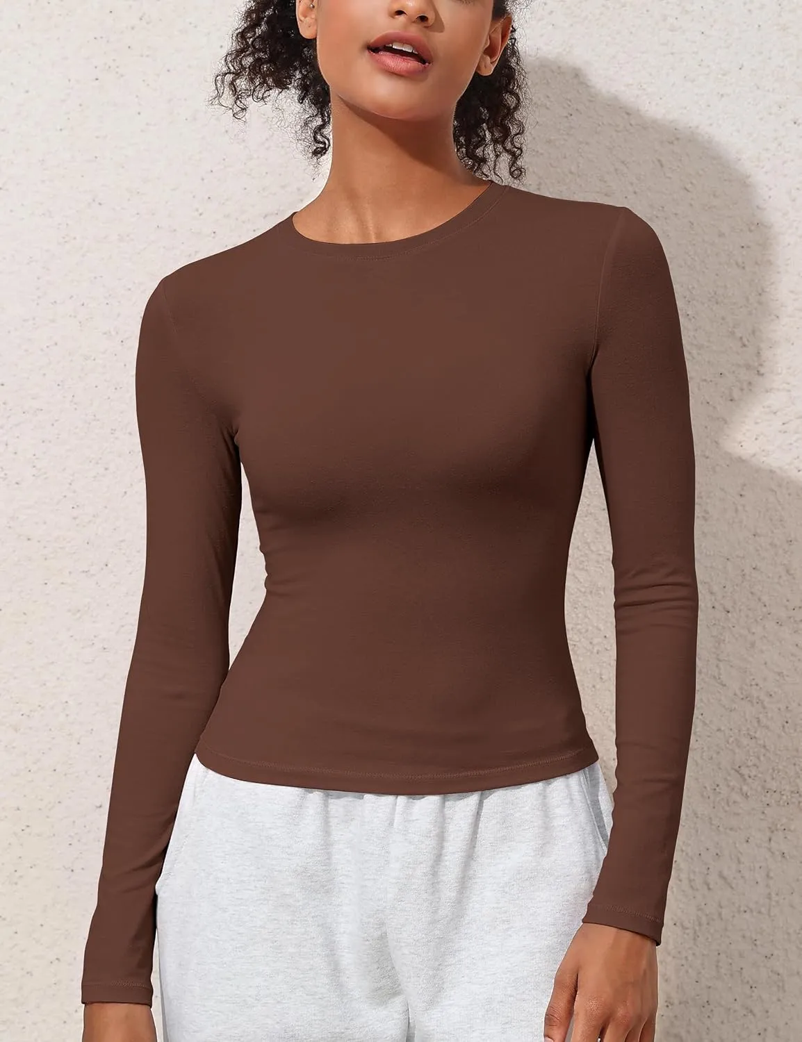 kayamiya Women's Basic Long Sleeve Cotton Shirts Tight Fit Fall Crewneck Trendy Y2K Crop Tops