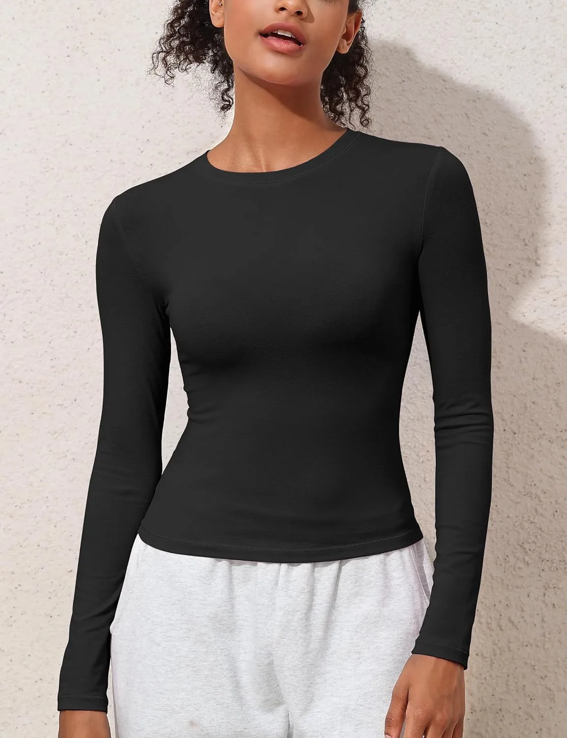 kayamiya Women's Basic Long Sleeve Cotton Shirts Tight Fit Fall Crewneck Trendy Y2K Crop Tops