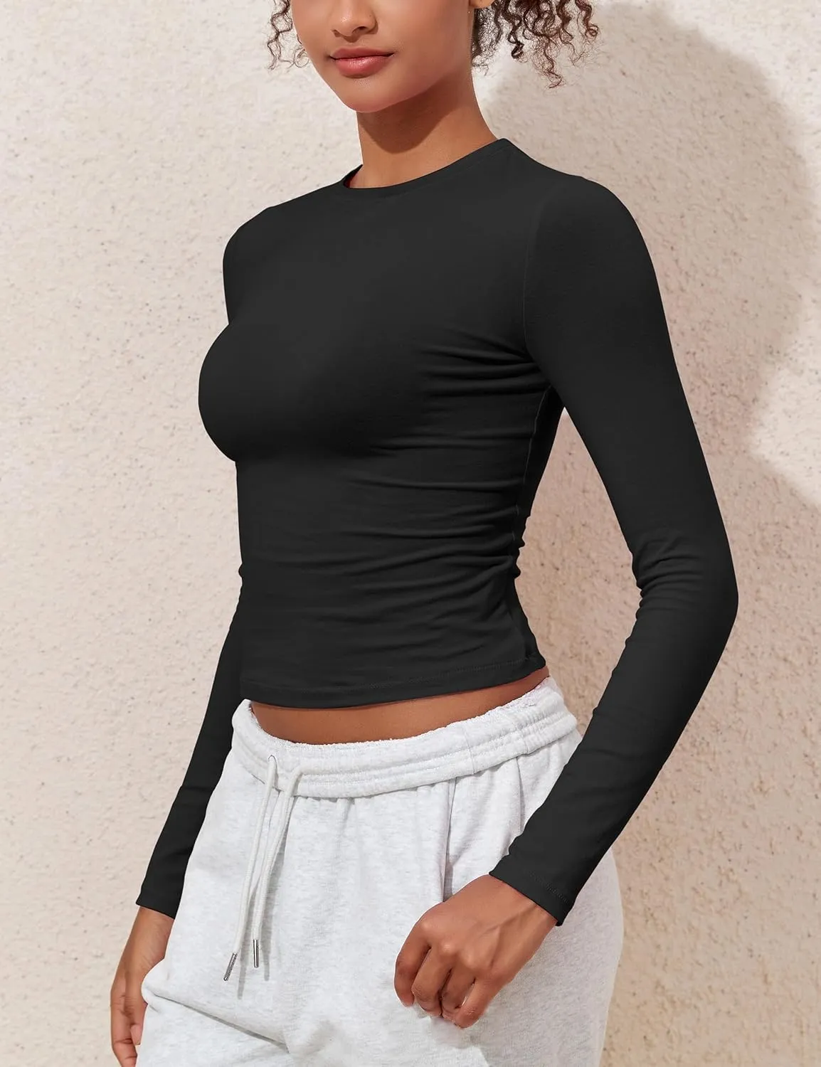 kayamiya Women's Basic Long Sleeve Cotton Shirts Tight Fit Fall Crewneck Trendy Y2K Crop Tops