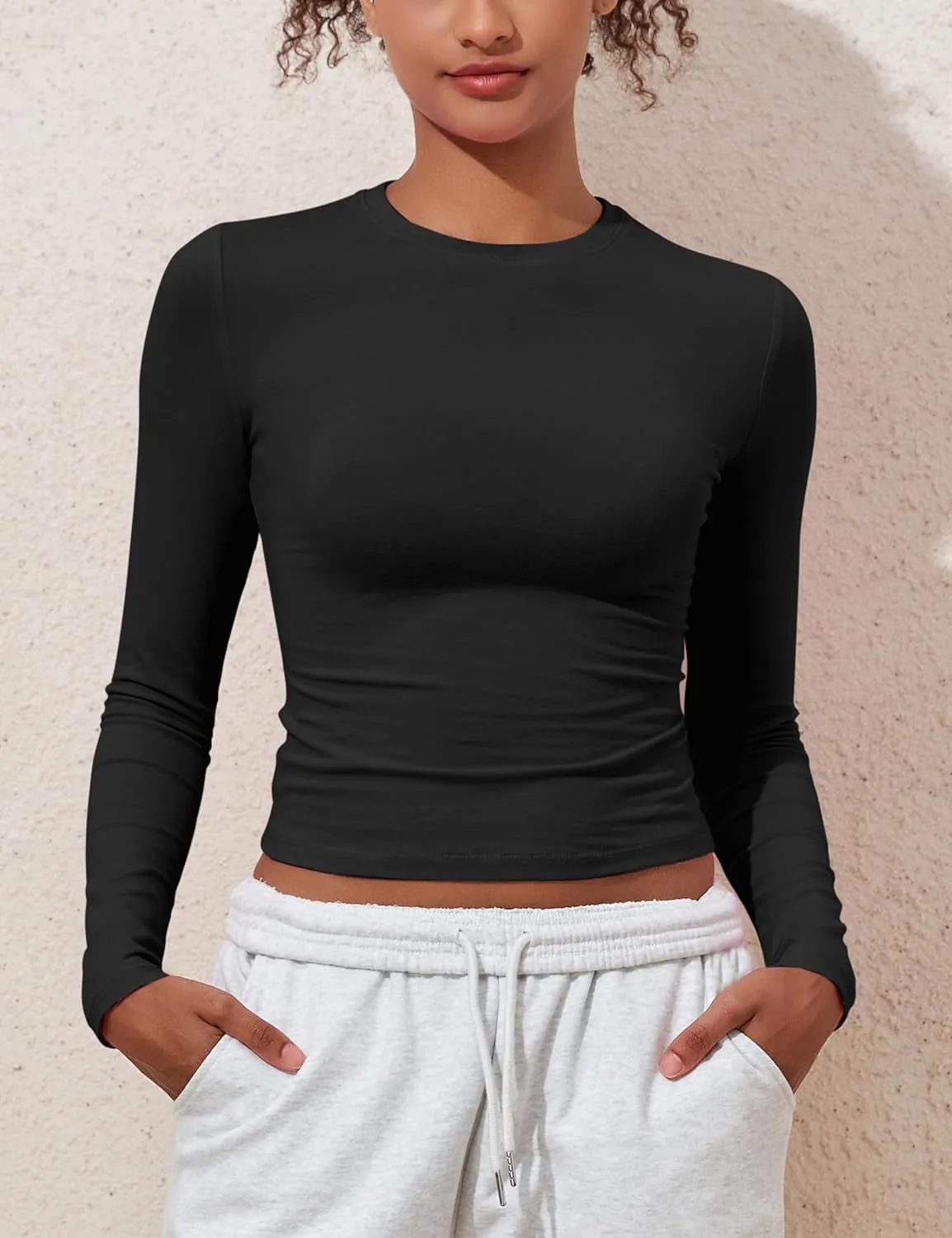 kayamiya Women's Basic Long Sleeve Cotton Shirts Tight Fit Fall Crewneck Trendy Y2K Crop Tops