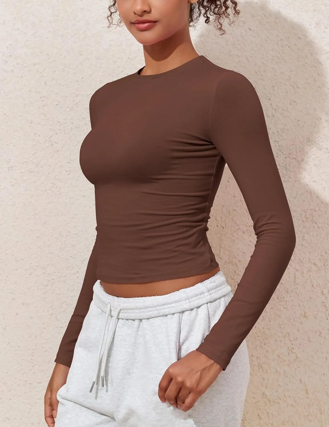 kayamiya Women's Basic Long Sleeve Cotton Shirts Tight Fit Fall Crewneck Trendy Y2K Crop Tops
