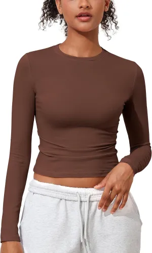 kayamiya Women's Basic Long Sleeve Cotton Shirts Tight Fit Fall Crewneck Trendy Y2K Crop Tops