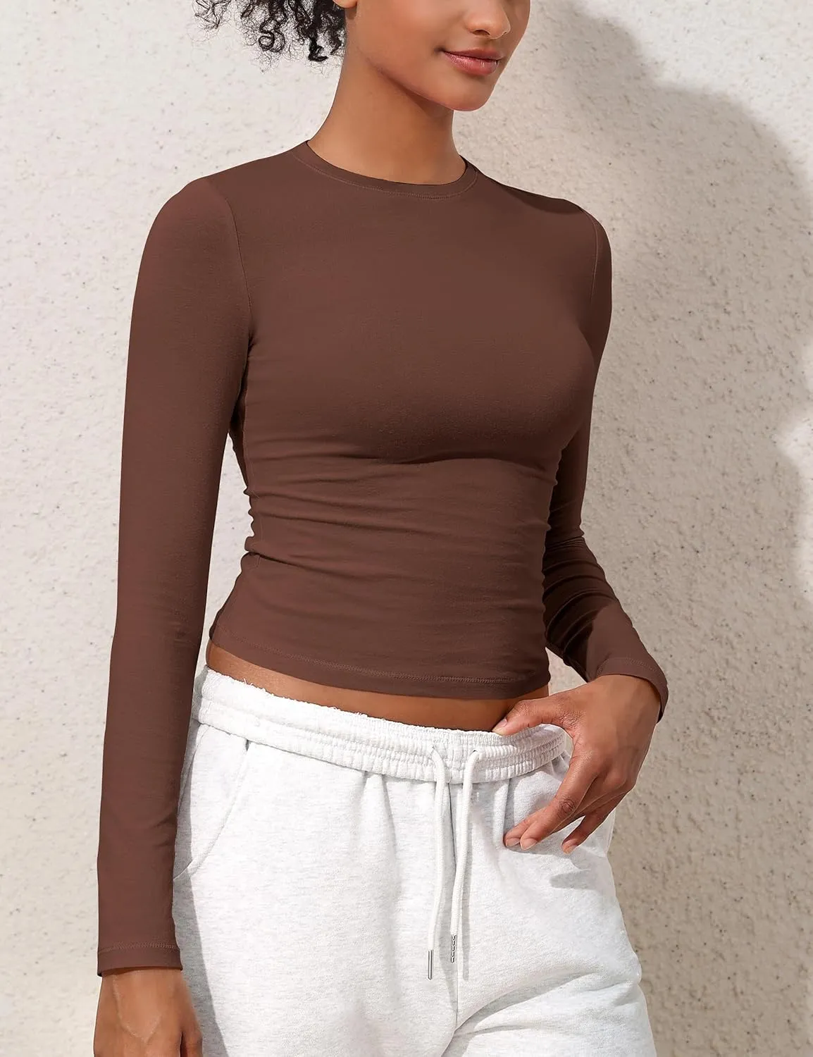 kayamiya Women's Basic Long Sleeve Cotton Shirts Tight Fit Fall Crewneck Trendy Y2K Crop Tops