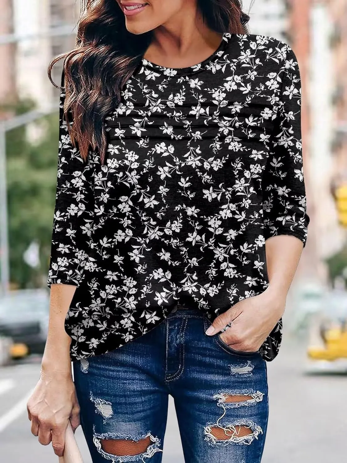 KISSMODA Women's Casual 3/4 Sleeve T-Shirts Round Neck Cute Tunic Tops Basic/Pleated Summer Tops Trendy Spring Blouses