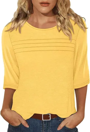 KISSMODA Women's Casual 3/4 Sleeve T-Shirts Round Neck Cute Tunic Tops Basic/Pleated Summer Tops Trendy Spring Blouses