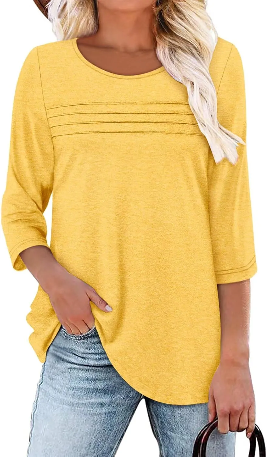 KISSMODA Women's Casual 3/4 Sleeve T-Shirts Round Neck Cute Tunic Tops Basic/Pleated Summer Tops Trendy Spring Blouses