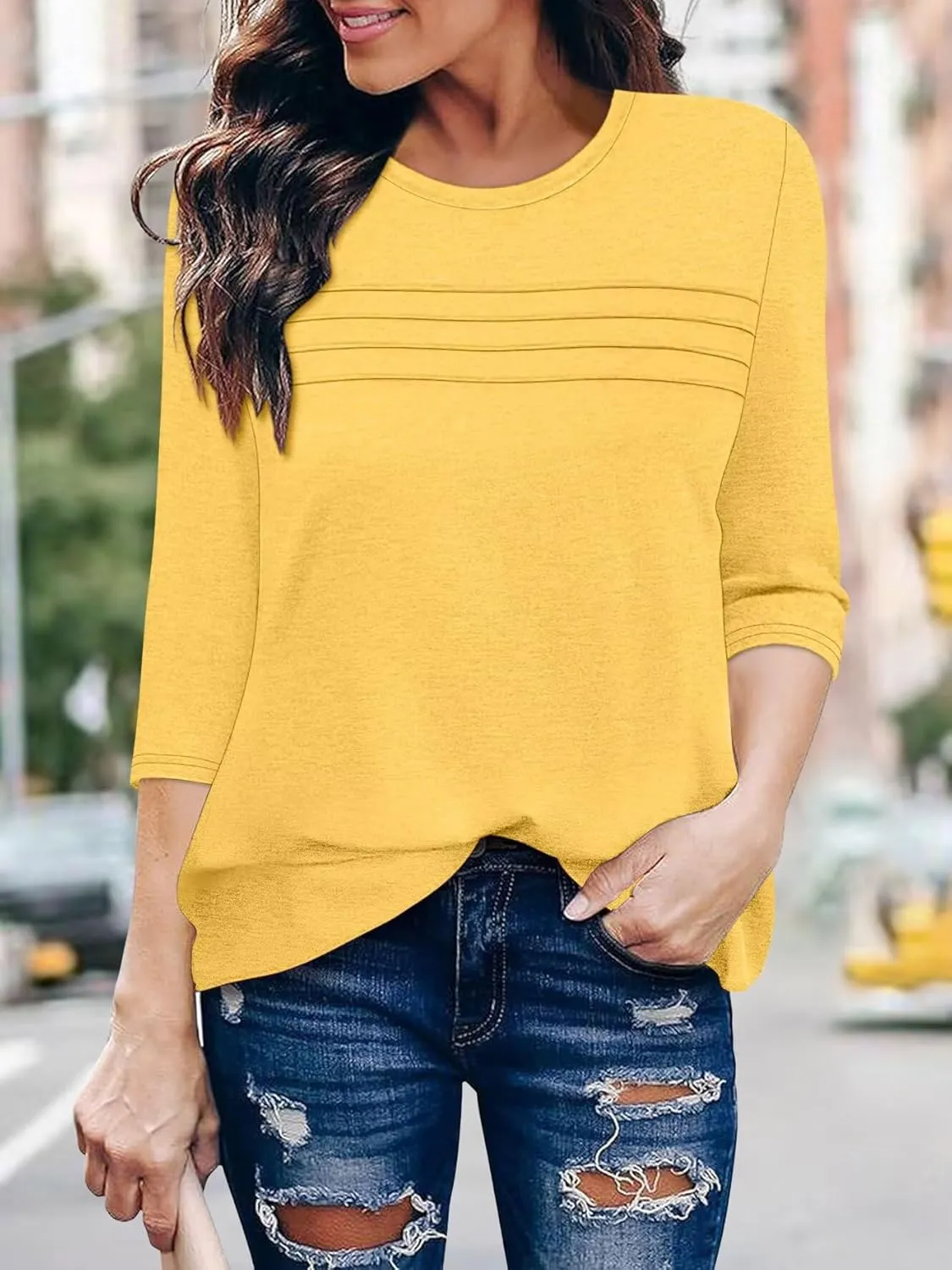 KISSMODA Women's Casual 3/4 Sleeve T-Shirts Round Neck Cute Tunic Tops Basic/Pleated Summer Tops Trendy Spring Blouses